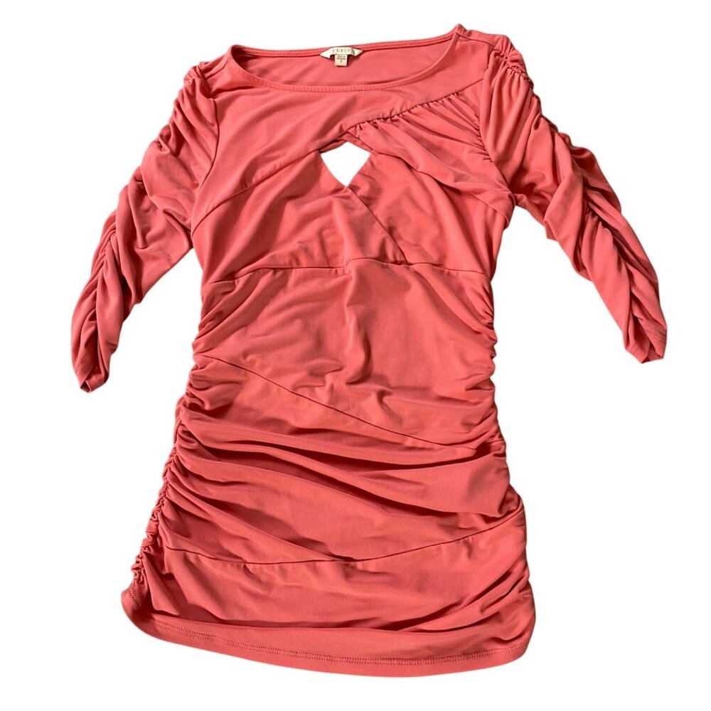Guess Asymmetrical Ruched Dress Bodycon Wrapped Keyhole Detail Coral Small